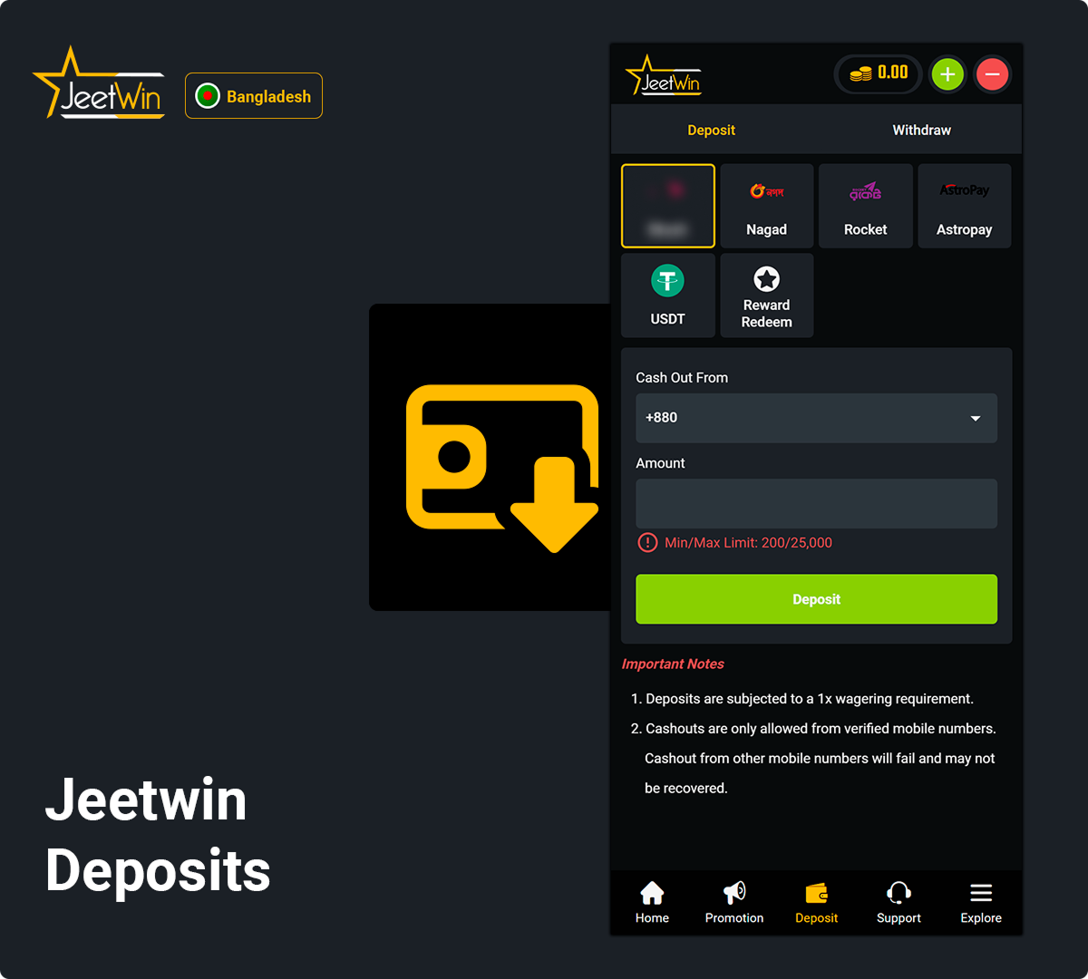You can deposit on Jeetwin BD using most popular Bangladeshi payments systems